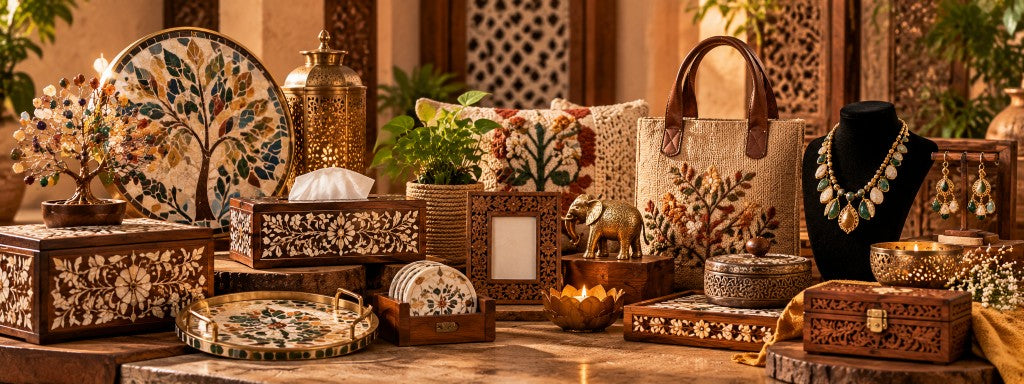 Handcrafted inlay boxes, brass lantern, mosaic plate and gold jewellery