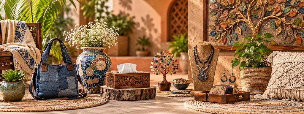 Mosaic vase, denim tote, carved tissue box and woven home decor