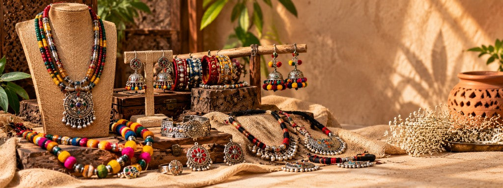 Colourful beaded necklaces, jhumkas and oxidised bangles