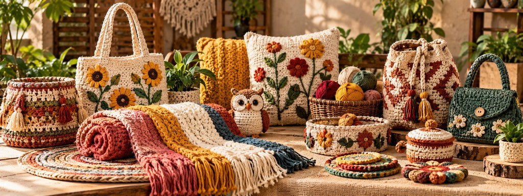 Crochet bags, cushions, throws and baskets